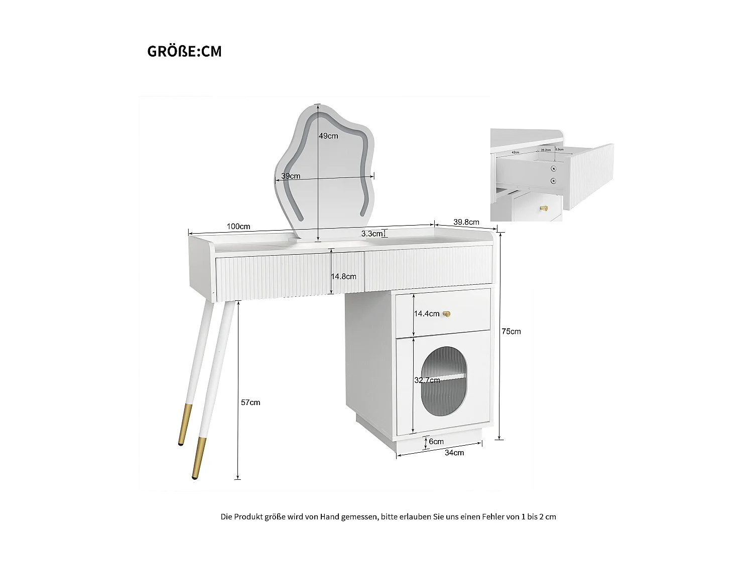 Schminktisch mit Spiegel und LED-Beleuchtung – 2 Schubladen und ein abnehmbarer Schrank – Weiß (Hocker nicht im Lieferumfang enthalten)