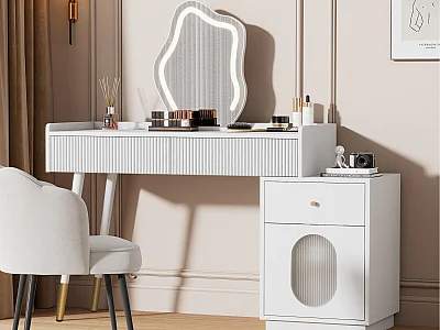 Coiffeuse avec miroir et éclairage LED - 2 tiroirs et une armoire amovible - Blanc (tabouret non inclus)