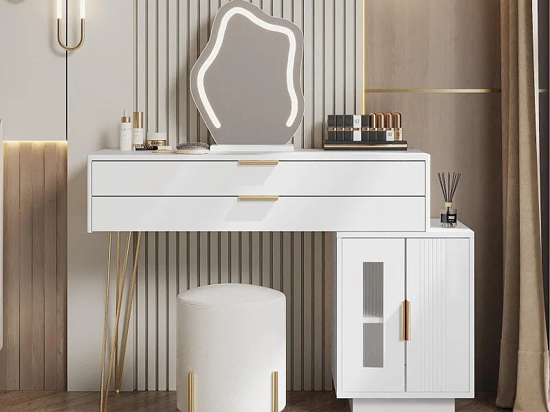 Coiffeuse avec miroir et éclairage LED - 2 tiroirs et une armoire amovible - Blanc (tabouret non inclus)