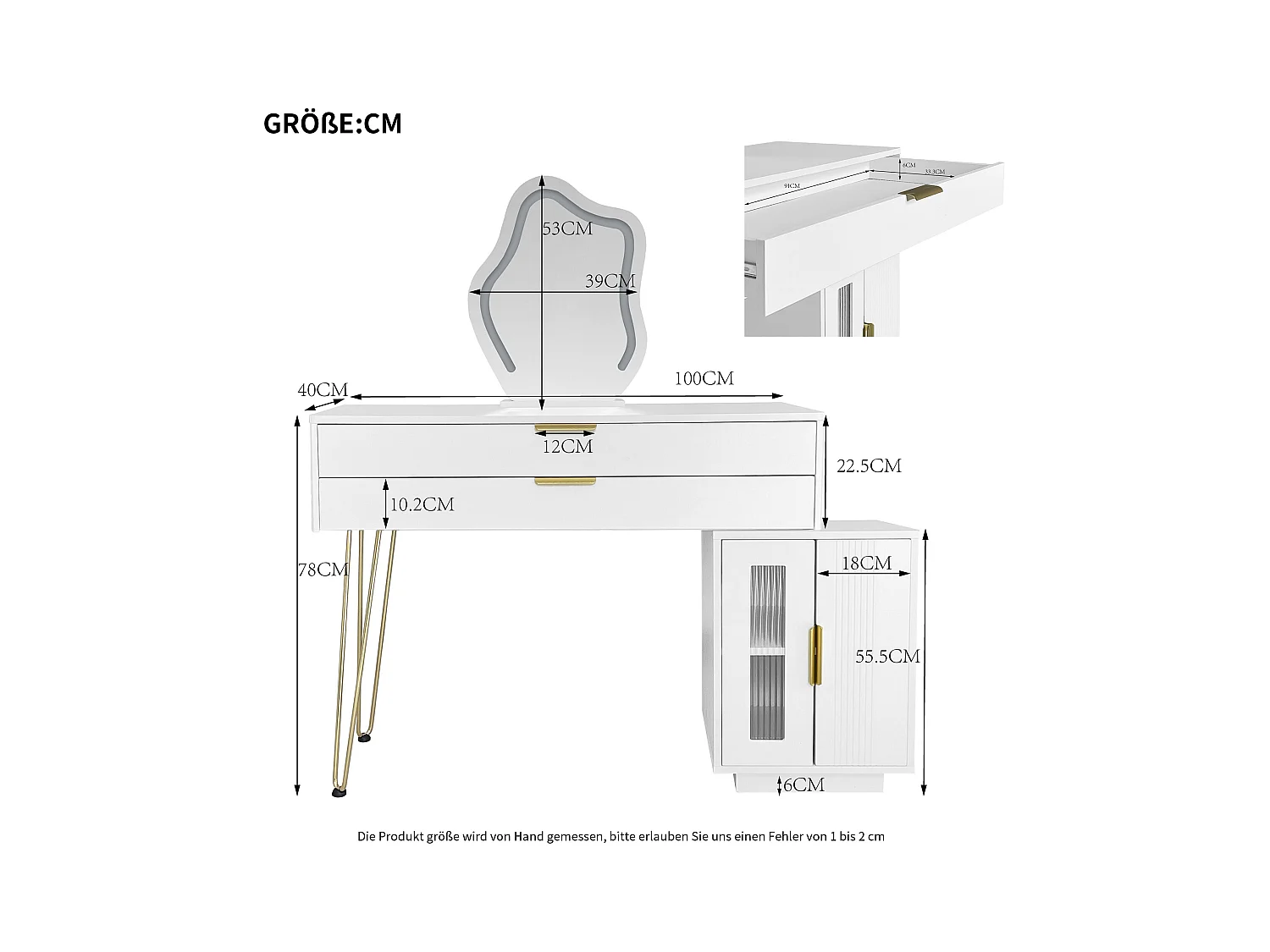Schminktisch mit Spiegel und LED-Beleuchtung – 2 Schubladen und ein abnehmbarer Schrank – Weiß (Hocker nicht im Lieferumfang enthalten)