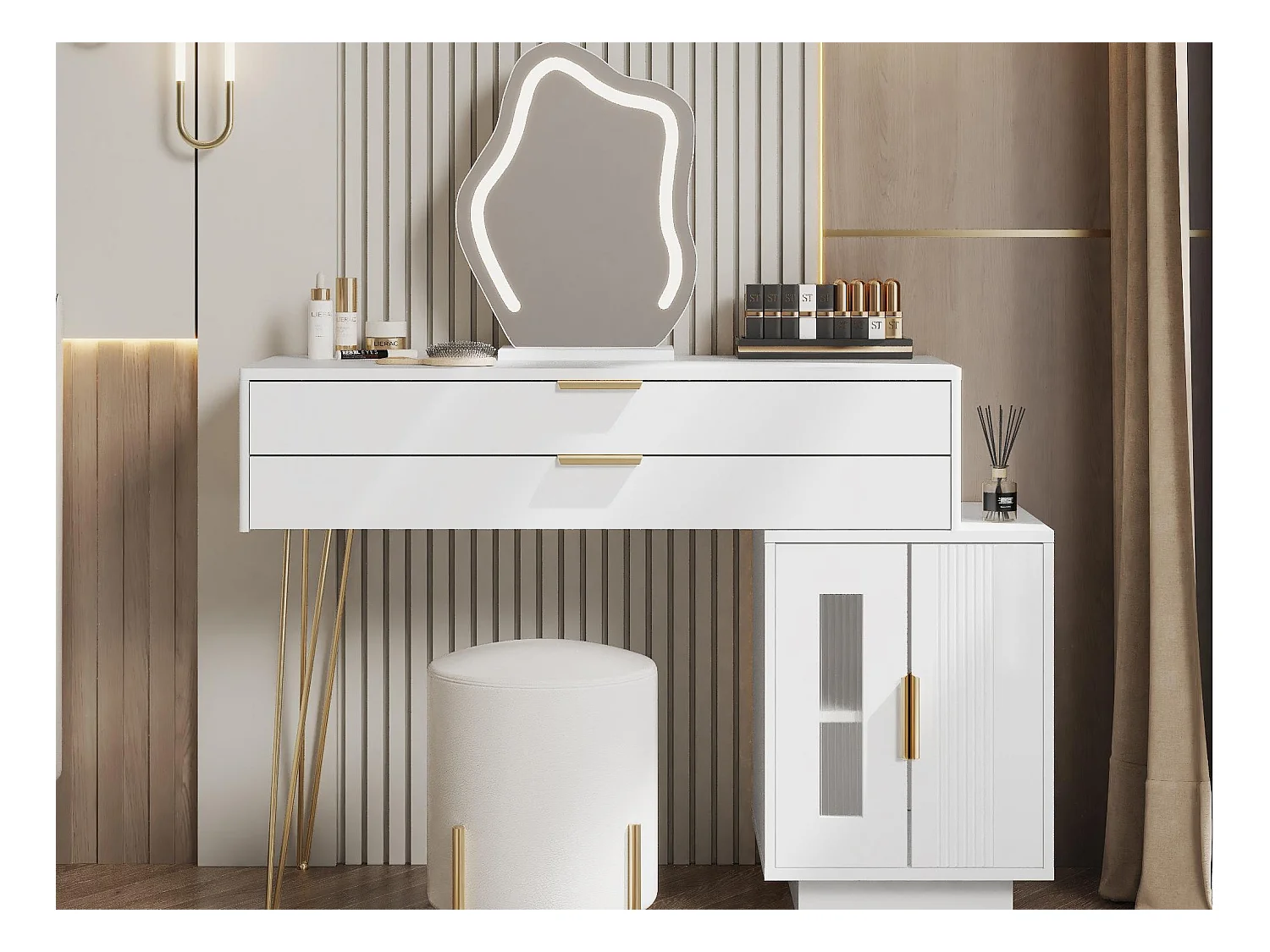 Kaptafel met spiegel en LED-verlichting - 2 lades en een uitneembare kast - Wit (kruk niet inbegrepen)
