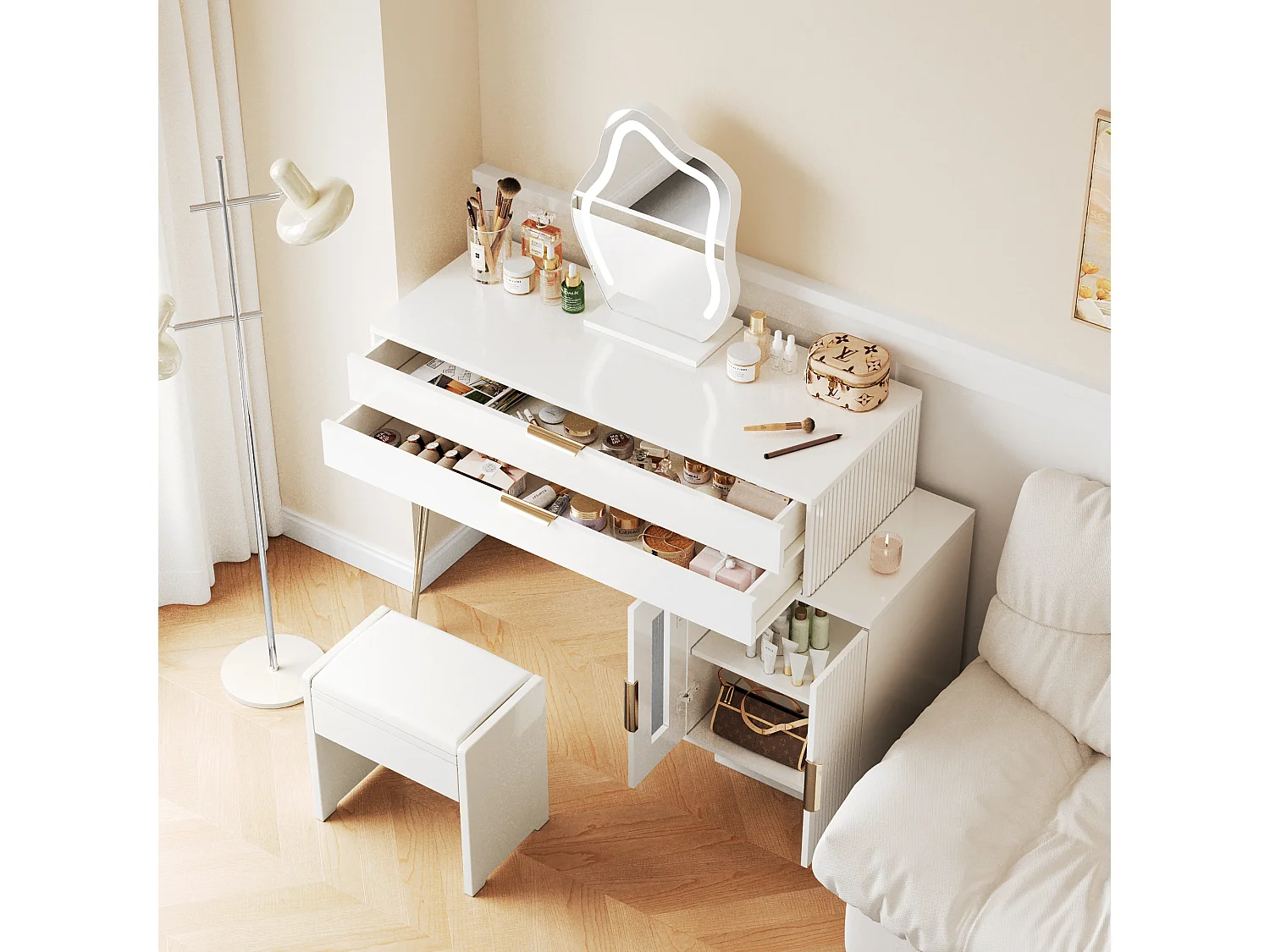 Schminktisch mit Spiegel und LED-Beleuchtung – 2 Schubladen und ein abnehmbarer Schrank – Weiß (Hocker nicht im Lieferumfang enthalten)