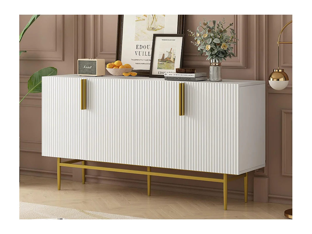 Modern en elegant dressoir - 4 deuren met gouden metalen handgrepen - Wit gelakt