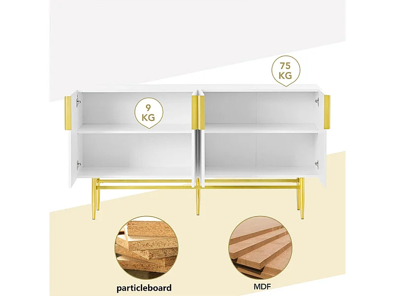 Aparador moderno y elegante - 4 puertas con tiradores de metal dorado - Lacado Blanco