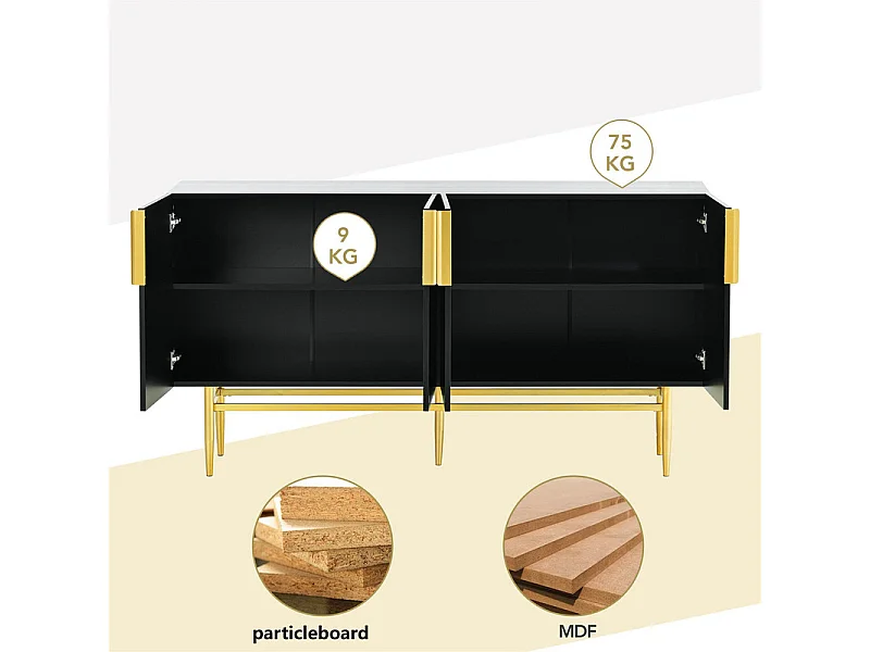 Modernes und elegantes Sideboard – 4 Türen mit goldenen Metallgriffen – Schwarz lackiert