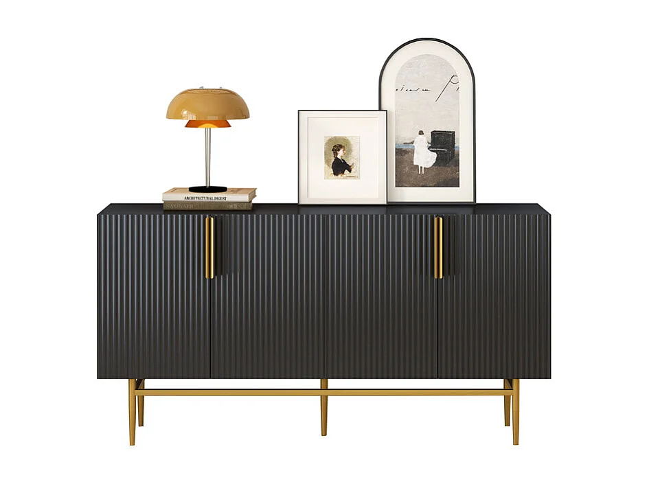 Modernes und elegantes Sideboard – 4 Türen mit goldenen Metallgriffen – Schwarz lackiert