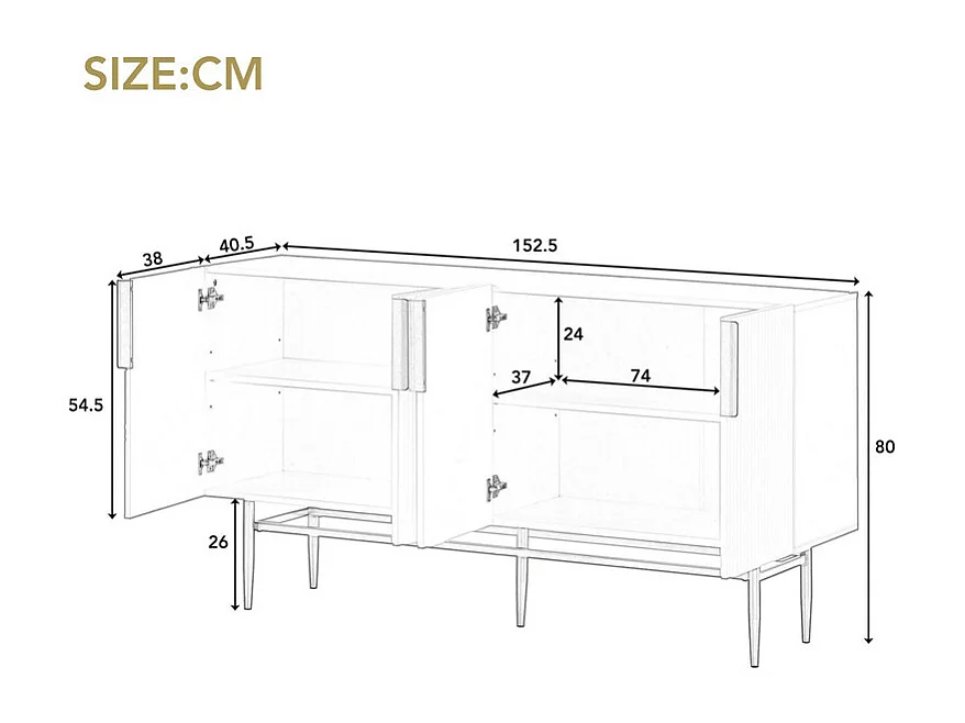 Modernes und elegantes Sideboard – 4 Türen mit goldenen Metallgriffen – Schwarz lackiert