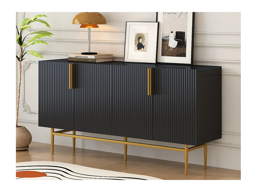 Buffet moderne et élégant - 4 portes avec poignées en métal doré - Noir Laqué