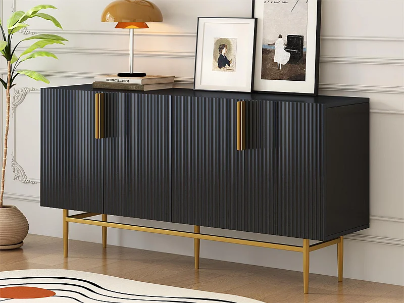 Modernes und elegantes Sideboard – 4 Türen mit goldenen Metallgriffen – Schwarz lackiert