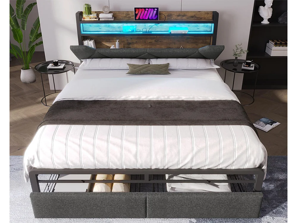 Bett mit Schublade 160 x 200 cm, gepolstert mit Leinenstoff – mit LED und Ladeanschlüssen – Grau