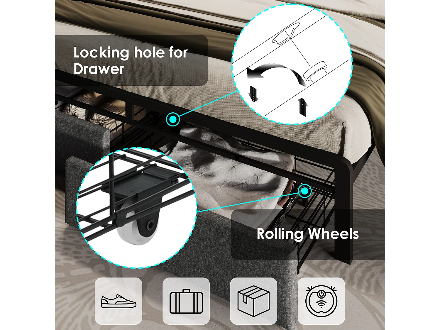 Bett mit Schublade 160 x 200 cm, gepolstert mit Leinenstoff – mit LED und Ladeanschlüssen – Grau