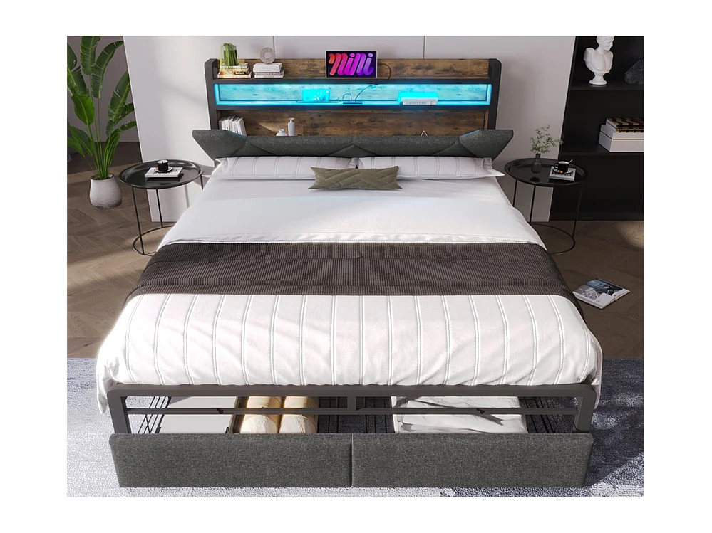 Lit avec tiroir 160x200cm rembourré en tissu lin - avec LED et Ports de recharge - Gris