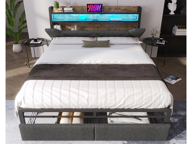 Bed met lade 140x200cm bekleed met linnenstof - met LED en oplaadpoorten - Grijs