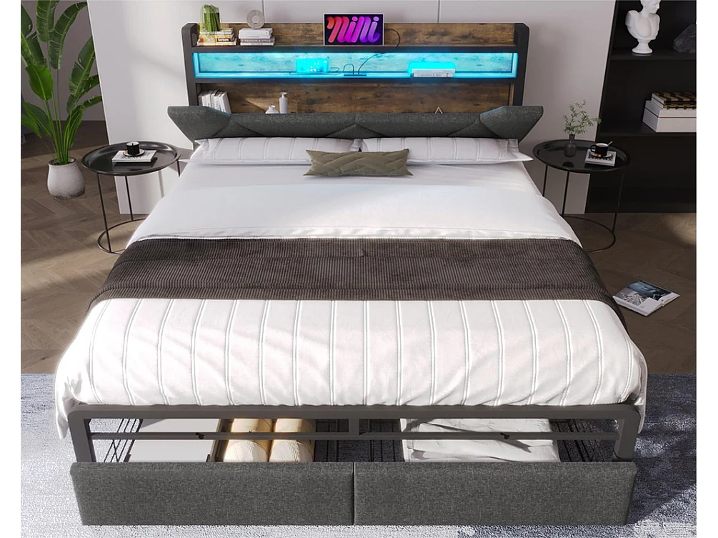 Bett mit Schublade 140 x 200 cm, gepolstert mit Leinenstoff – mit LED und Ladeanschlüssen – Grau