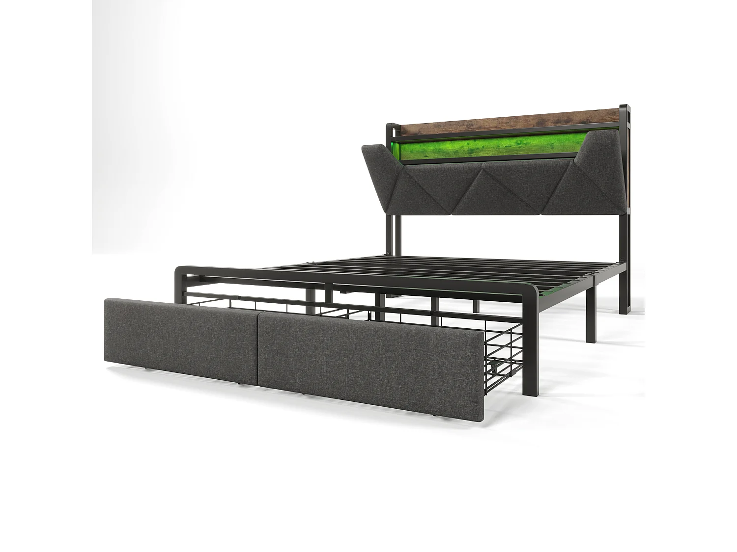 Bett mit Schublade 140 x 200 cm, gepolstert mit Leinenstoff – mit LED und Ladeanschlüssen – Grau