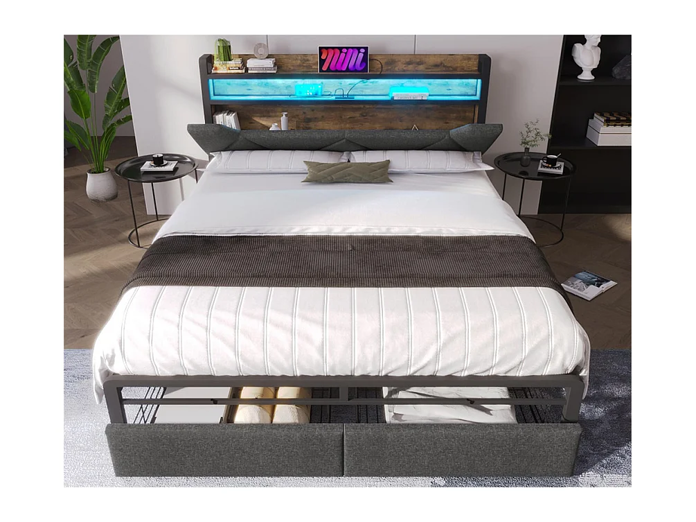 Lit avec tiroir 140x200cm rembourré en tissu lin - avec LED et Ports de recharge - Gris