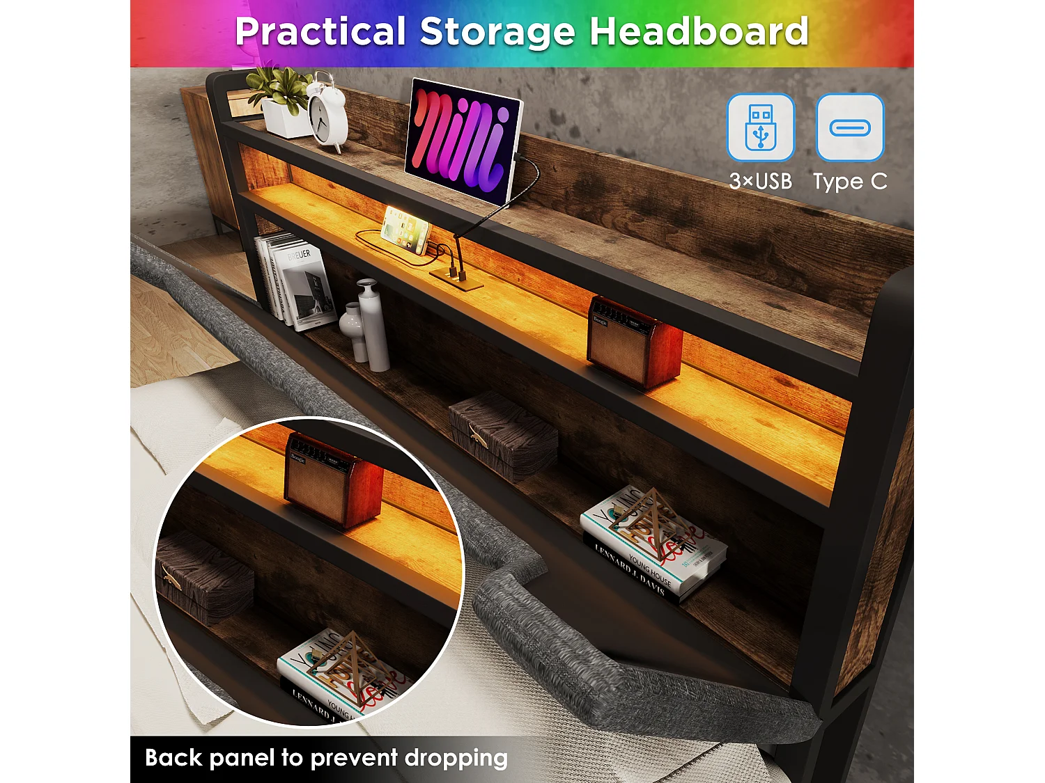 Bett mit Schublade 140 x 200 cm, gepolstert mit Leinenstoff – mit LED und Ladeanschlüssen – Grau