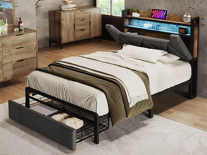 Cama con cajón 90x200cm tapizada en tela de lino - con LED y puertos de carga - Gris