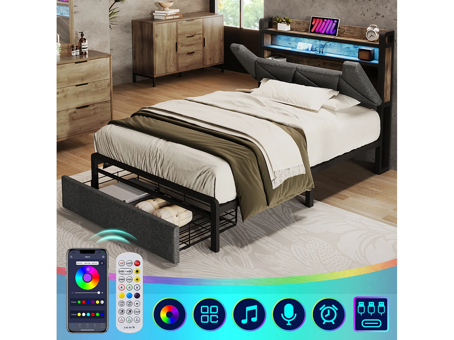 Bed met lade 90x200cm bekleed met linnenstof - met LED en oplaadpoorten - Grijs