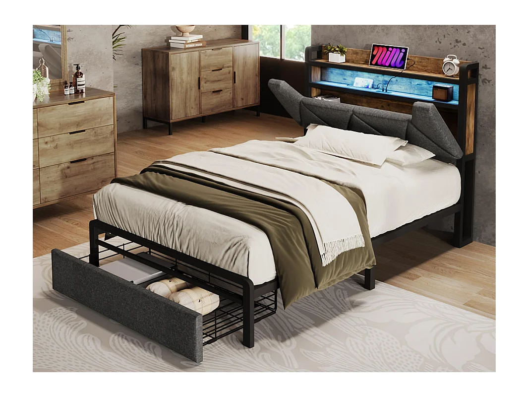 Cama con cajón 90x200cm tapizada en tela de lino - con LED y puertos de carga - Gris