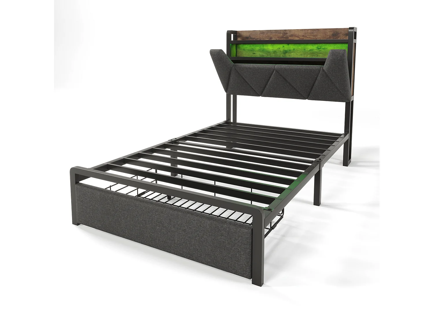 Bett mit Schublade 90 x 200 cm, gepolstert mit Leinenstoff – mit LED und Ladeanschlüssen – Grau