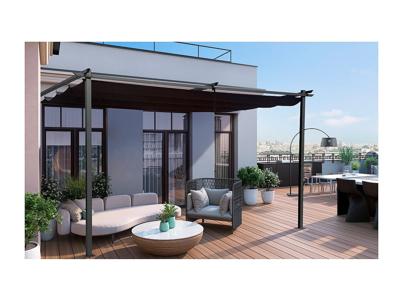 Pergola adossée en métal avec toit rétractable -  3 x 4 m - Gris anthracite