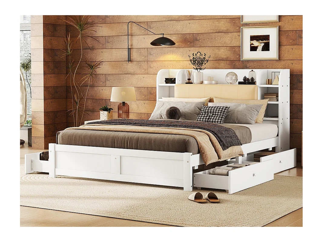 Lit double 160x200cm - 4 tiroirs - compartiments de rangement sur tête - Blanc