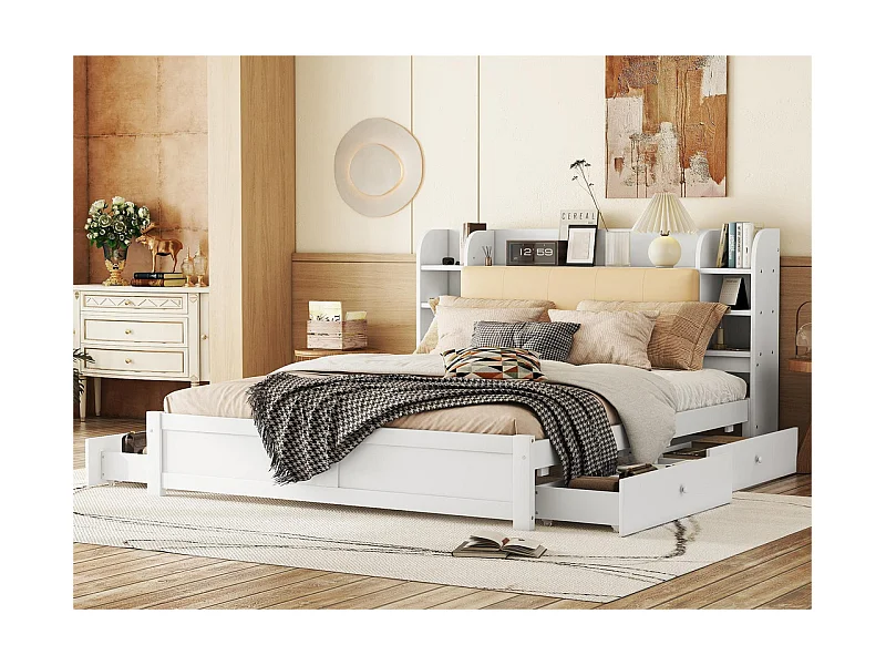 Doppelbett 180 x 200 cm – 4 Schubladen – Staufächer am Kopfteil – Weiß