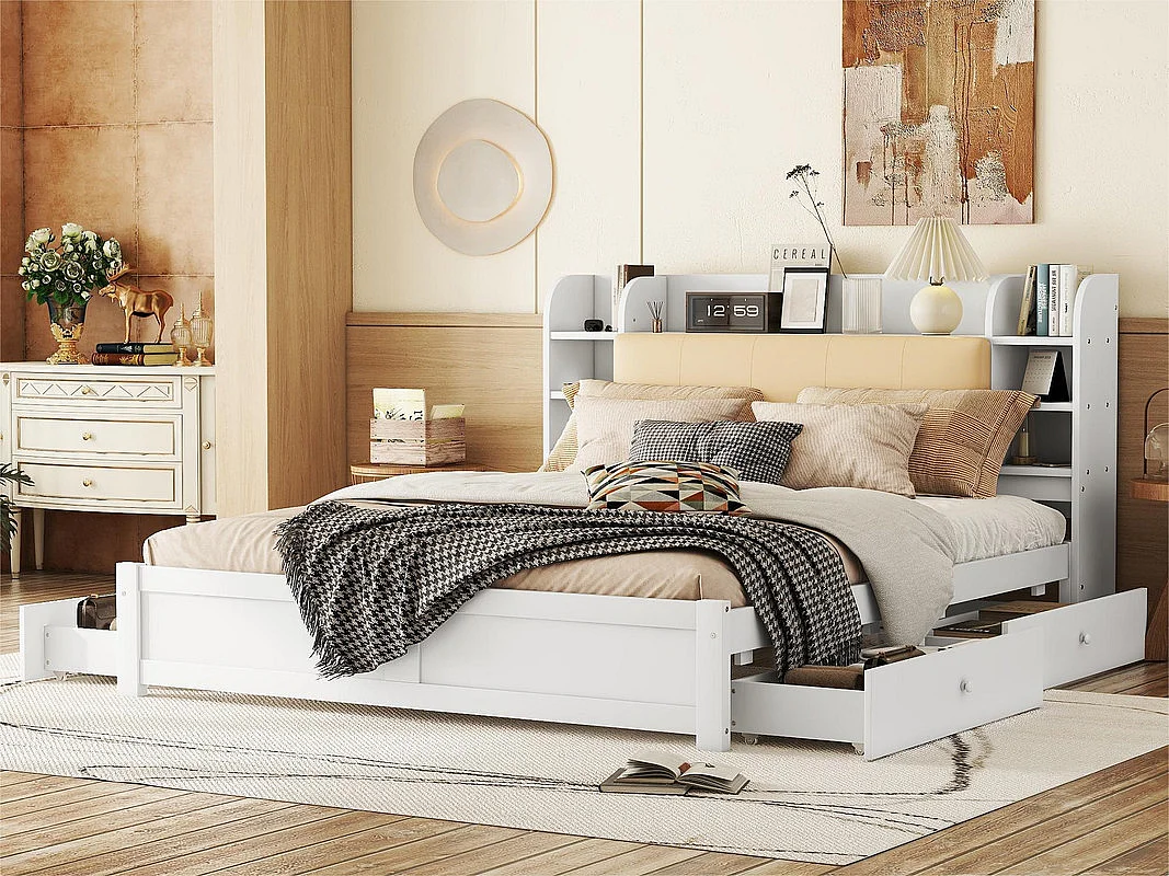 Tweepersoonsbed 180x200cm - 4 lades - opbergvakken op hoofdeinde - Wit