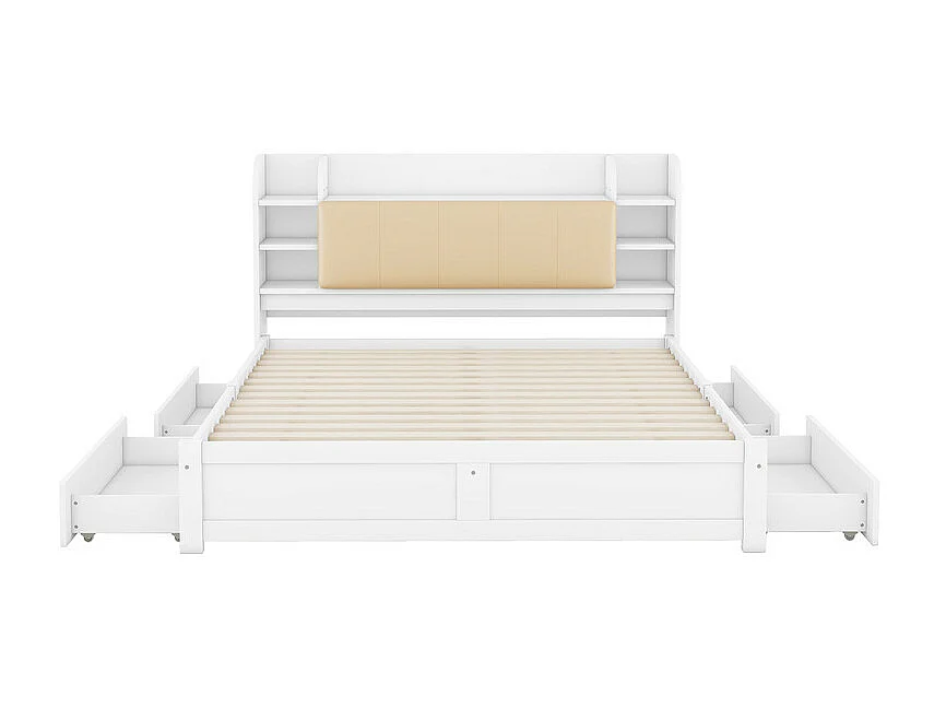 Tweepersoonsbed 180x200cm - 4 lades - opbergvakken op hoofdeinde - Wit