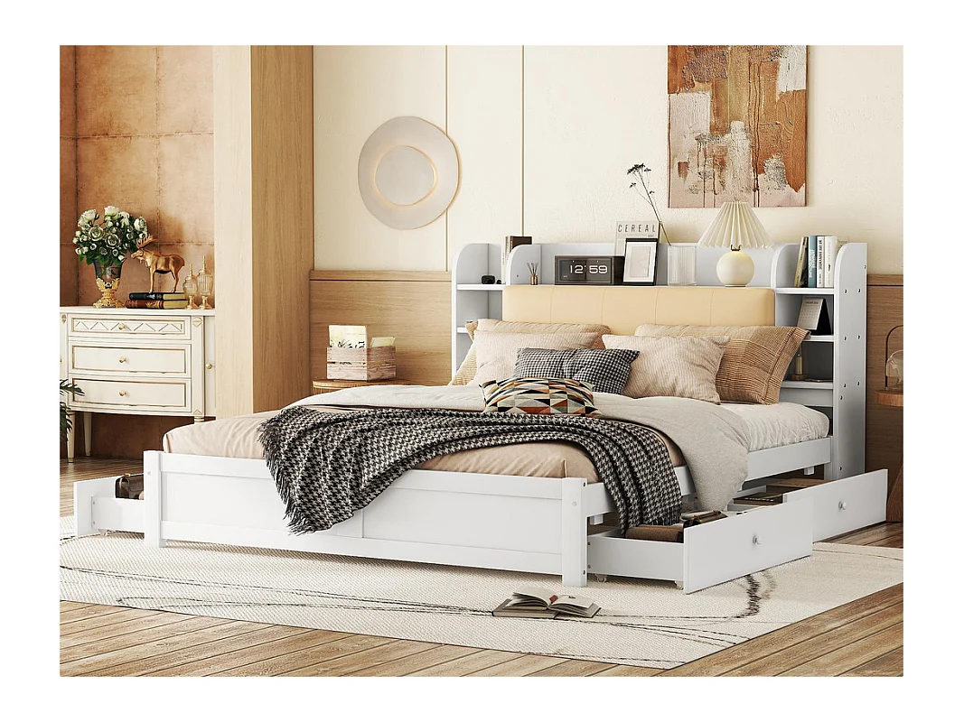 Lit double 180x200cm - 4 tiroirs - compartiments de rangement sur tête - Blanc