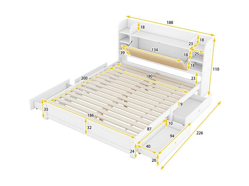Cama doble 180x200cm - 4 cajones - compartimentos de almacenamiento en el cabecero - Blanco