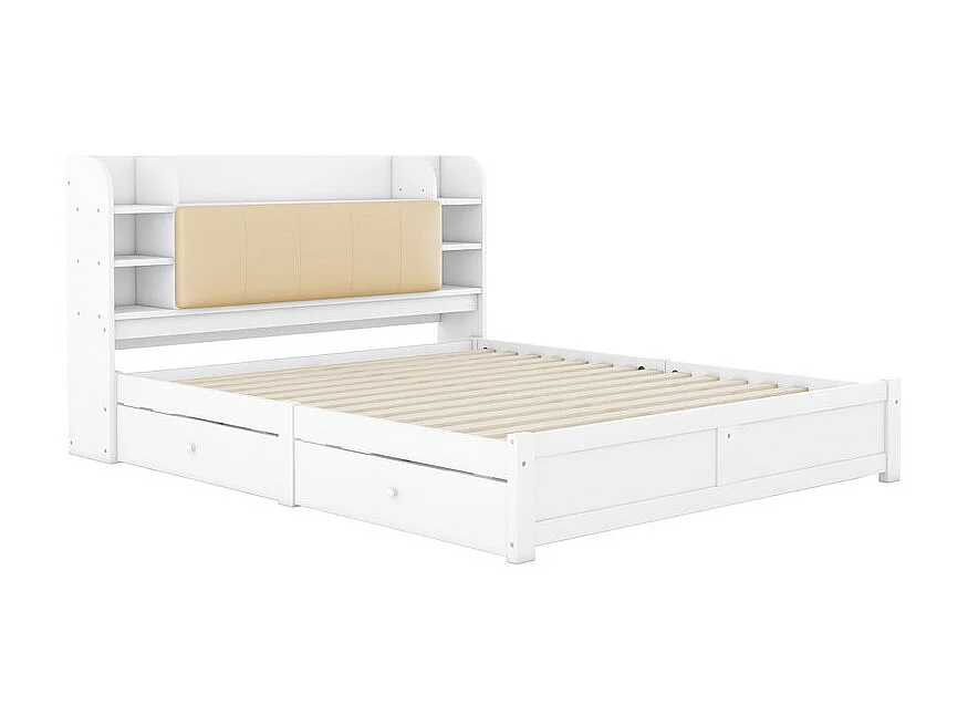 Cama doble 180x200cm - 4 cajones - compartimentos de almacenamiento en el cabecero - Blanco