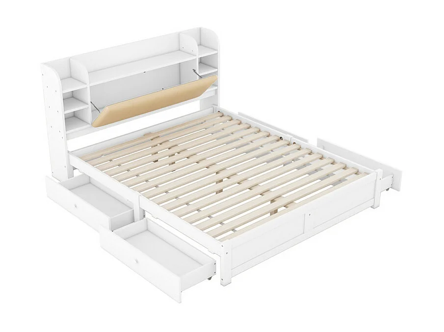 Cama doble 180x200cm - 4 cajones - compartimentos de almacenamiento en el cabecero - Blanco