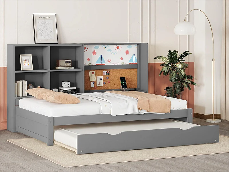 Canapé-lit 90x200cm - avec un lit gigogne - avec Port de charge USB et un planche à dessin - compartiments de rangement multiples - Gris