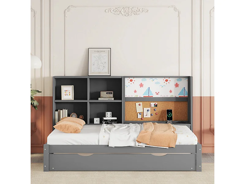 Dagbed met onderschuifbed - 90x200cm - met tekentafel en opbergvakken - Grijs