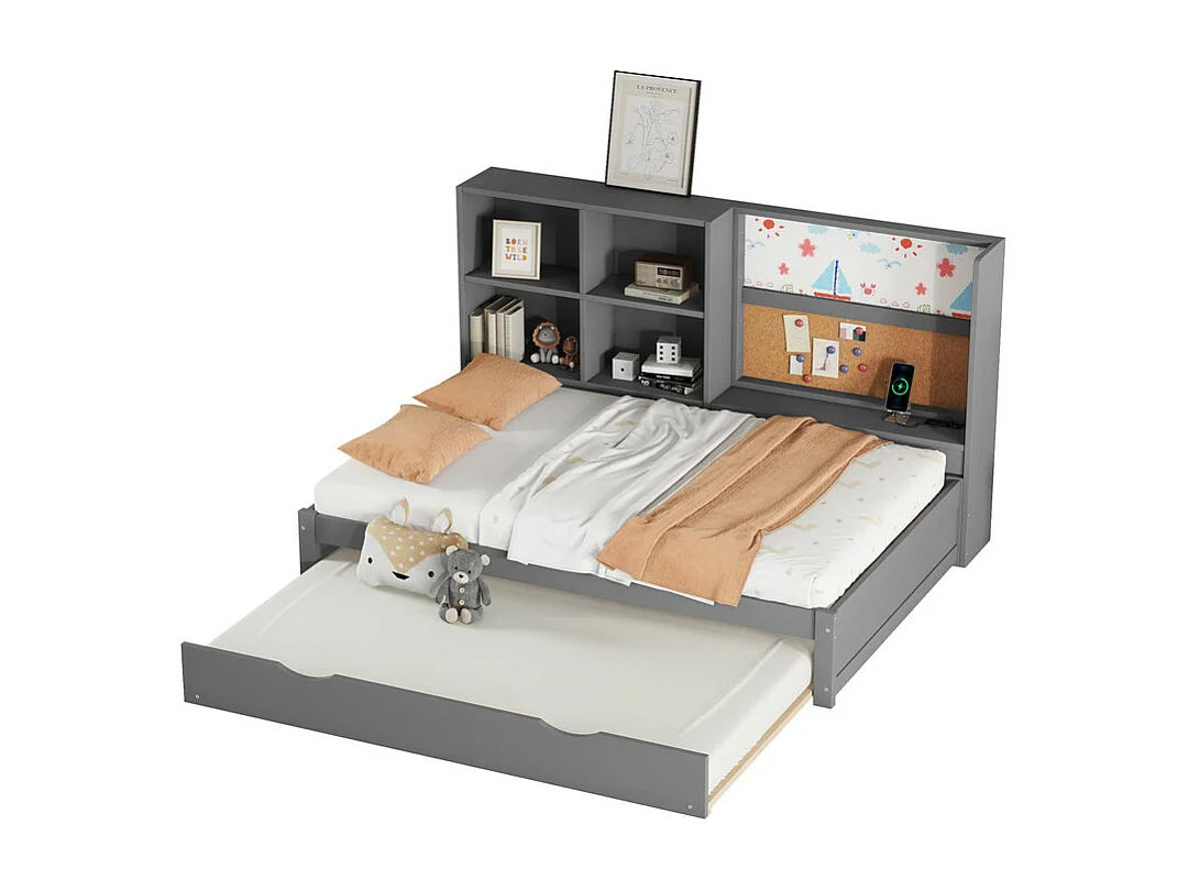 Dagbed met onderschuifbed - 90x200cm - met tekentafel en opbergvakken - Grijs