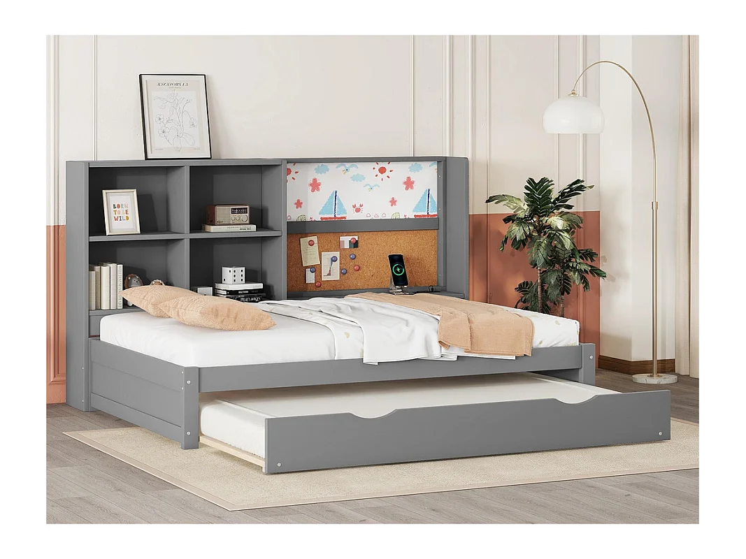 Dagbed met onderschuifbed - 90x200cm - met tekentafel en opbergvakken - Grijs