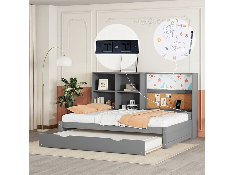 Canapé-lit 90x200cm - avec un lit gigogne - avec Port de charge USB et un planche à dessin - compartiments de rangement multiples - Gris