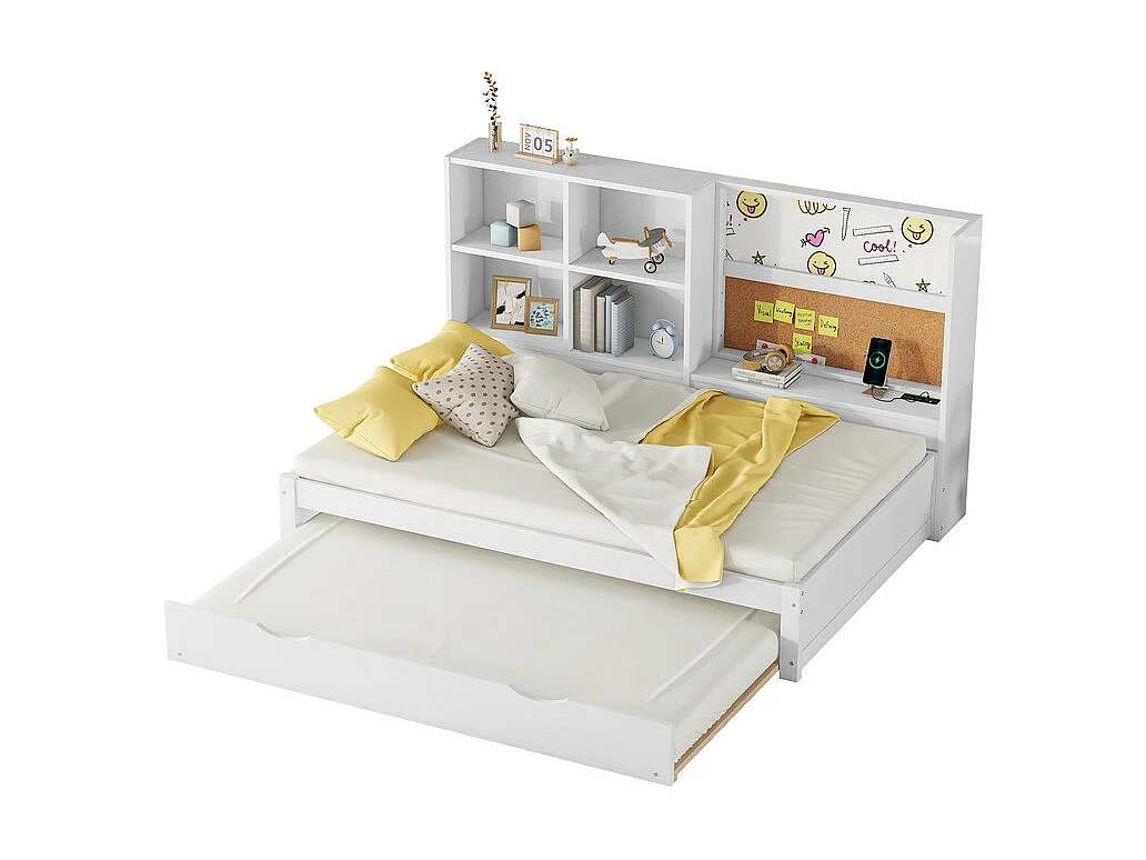 Dagbed met onderschuifbed - 90x200cm - met tekentafel en opbergvakken - Wit