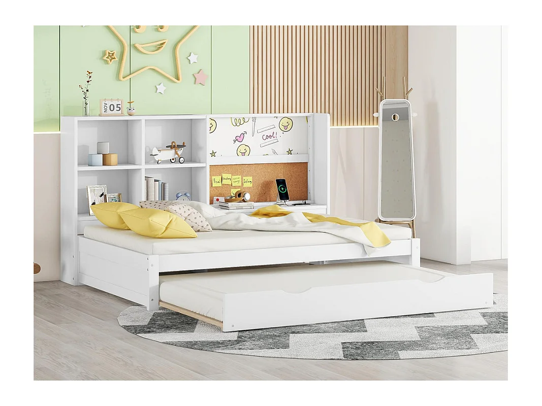 Canapé-lit 90x200cm - avec un lit gigogne - avec Port de charge USB et un planche à dessin - compartiments de rangement multiples - Blanc