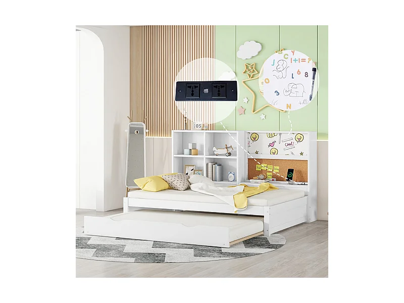 Dagbed met onderschuifbed - 90x200cm - met tekentafel en opbergvakken - Wit