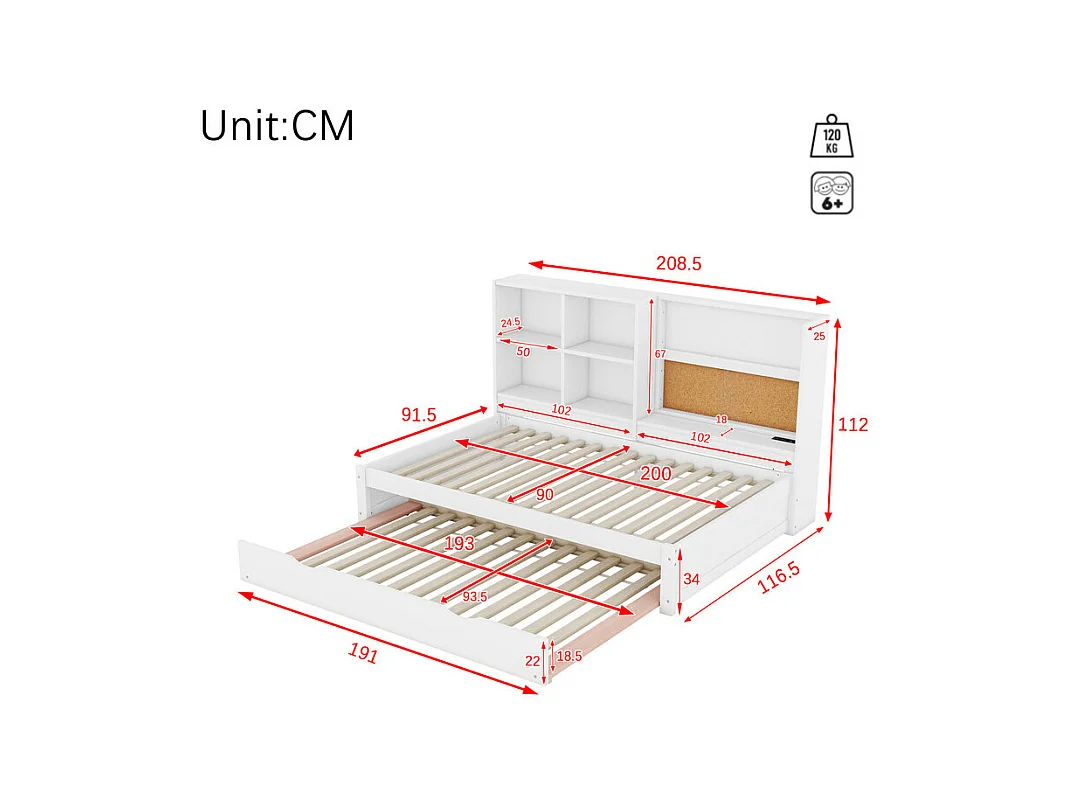 Dagbed met onderschuifbed - 90x200cm - met tekentafel en opbergvakken - Wit