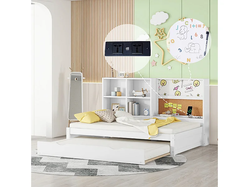 Canapé-lit 90x200cm - avec un lit gigogne - avec Port de charge USB et un planche à dessin - compartiments de rangement multiples - Blanc