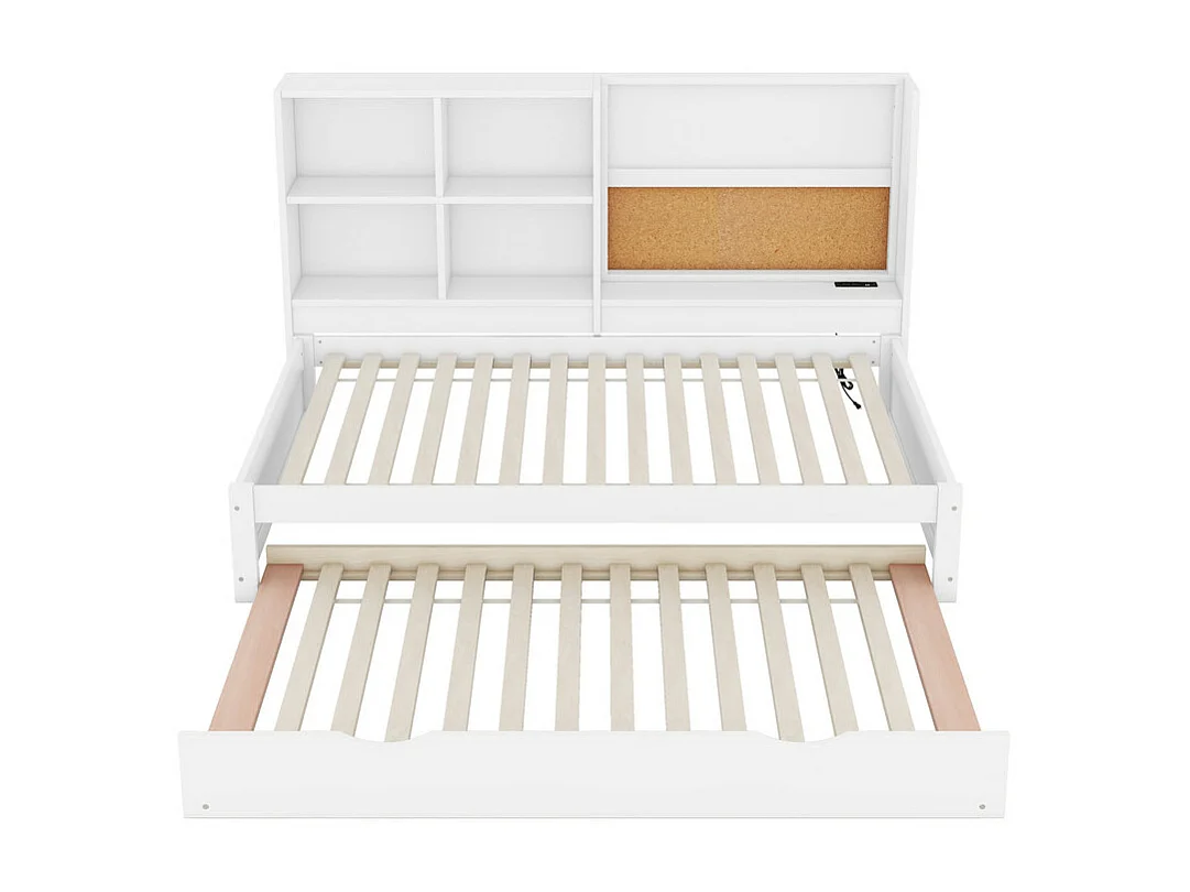 Canapé-lit 90x200cm - avec un lit gigogne - avec Port de charge USB et un planche à dessin - compartiments de rangement multiples - Blanc