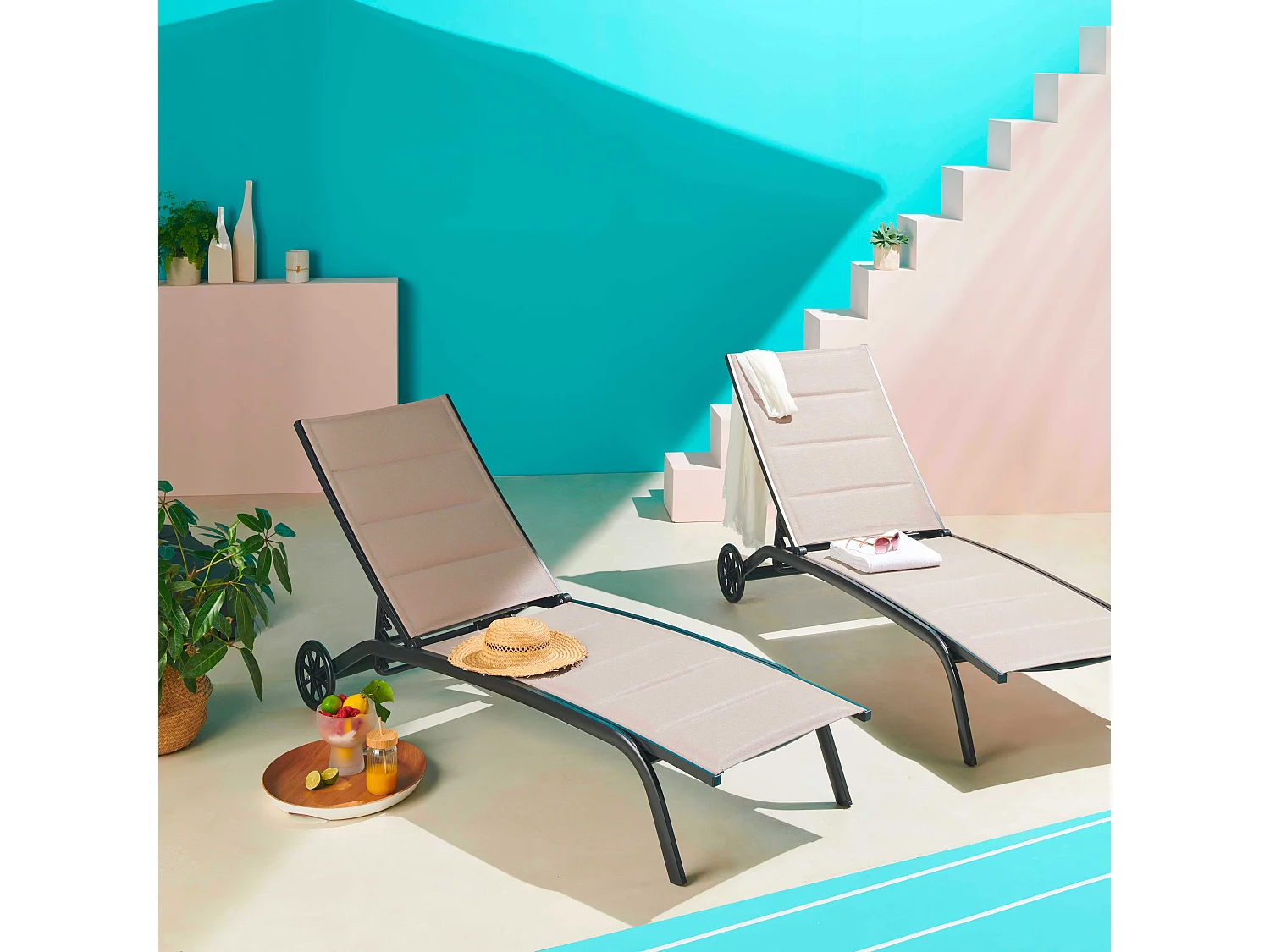 Lot de 2 bains de soleil en aluminium taupe - Santa Monica