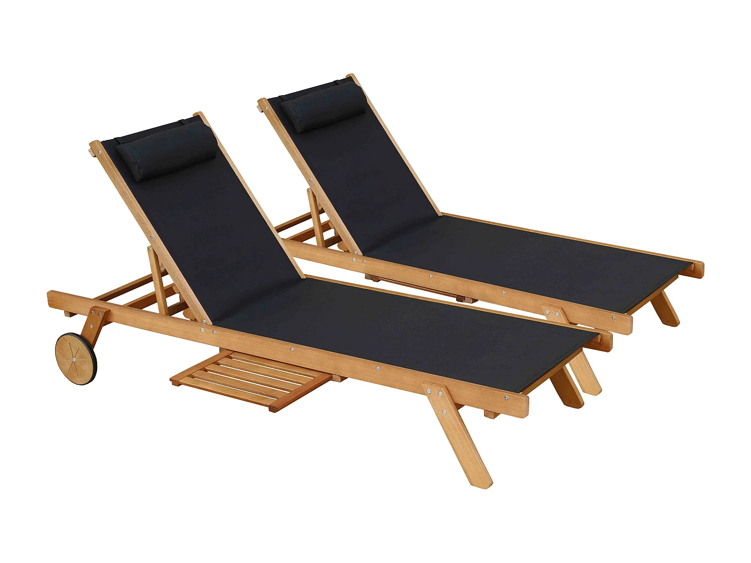 Lot de 2 bains de soleil avec coussin et tablette en bois noir - Calgary