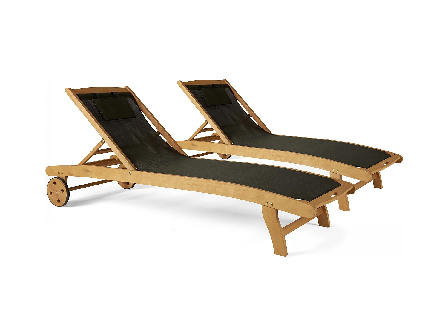 Lot de 2 bains de soleil en bois inclinable avec roues noir - Aubagne
