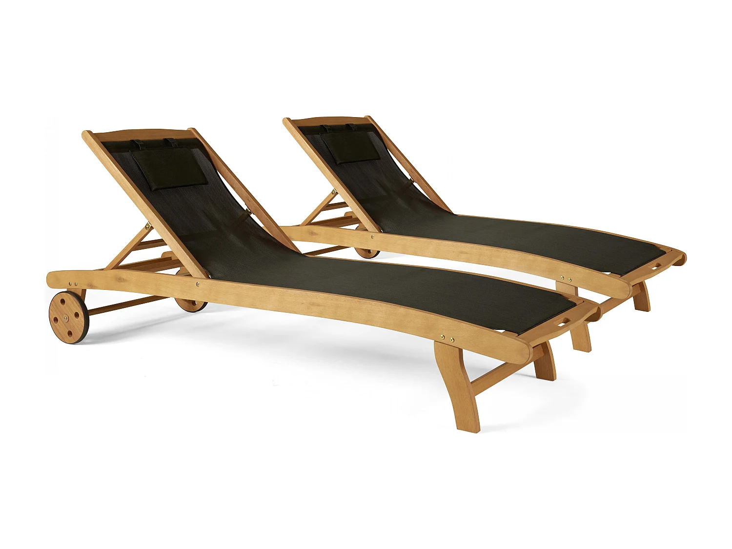 Lot de 2 bains de soleil en bois inclinable avec roues noir - Aubagne