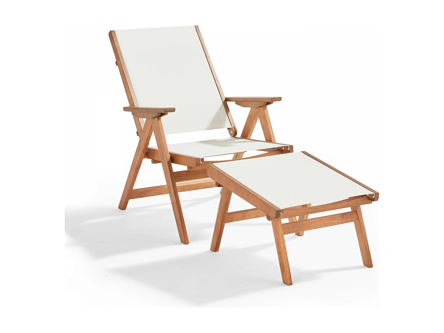 Fauteuil relax en bois d'eucalyptus avec repose-pieds blanc